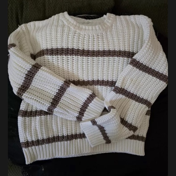 Splendid Sweaters - Splendid x Cella Jane Collab Striped Sweater - White and Tan - Small